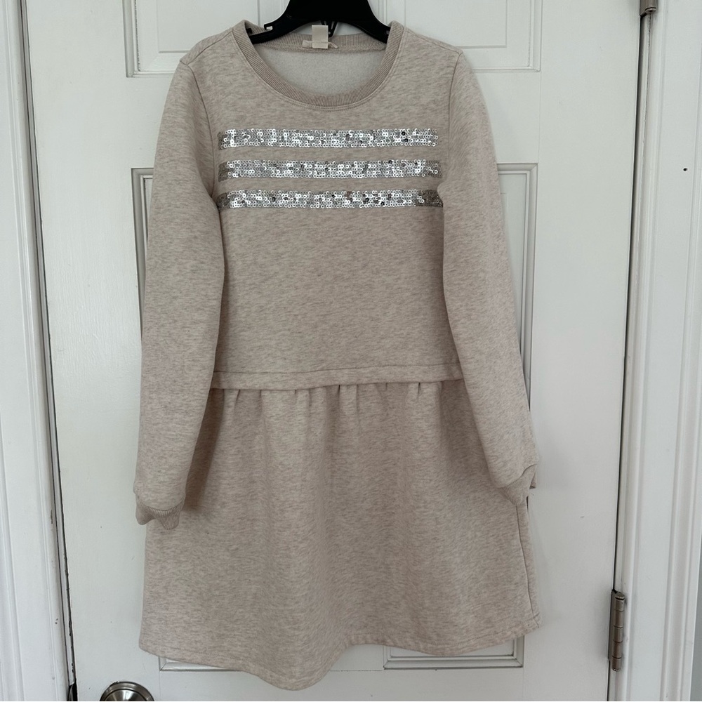 Crewcuts Girls Heathered Gray Sweatshirt Dress w Silver Sequin Stripes